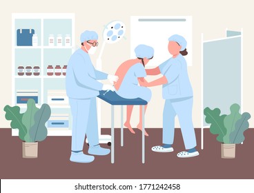 Anesthesia in spine flat color vector illustration. Injection in woman spine. Mother prepare for labor. Pain release. Doctor and patient 2D cartoon characters with clinic interior on background