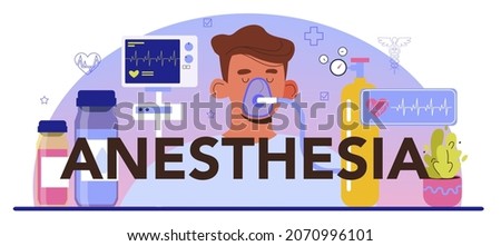 Anesthesia typographic header. Anesthesiologist performing local, inhalation and epidural anesthesia. Modern medicine treatment, surgery operation preparation. Flat vector illustration.