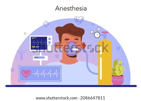 Anesthesiologist. Doctor wearing medical mask and uniform performing inhalation anesthesia. Modern medicine treatment, surgery operation preparation. Flat vector illustration.