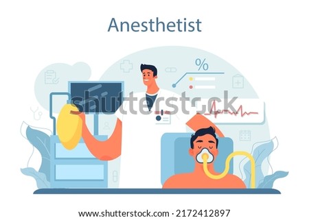 Anesthesiologist. Doctor wearing medical mask and uniform performing local, inhalation and epidural anesthesia. Modern medicine treatment, surgery operation preparation. Flat vector illustration.
