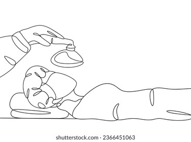 An anesthesiologist holds an anesthesiological mask in his hands. Anesthesia for the patient before surgery. World Anaesthesia Day. One line drawing for different uses. Vector illustration.