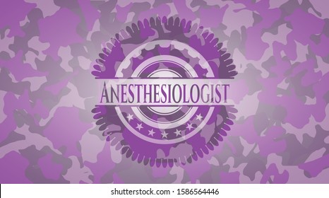 Anesthesiologist pink and purple camouflaged emblem. Vector Illustration. Detailed.