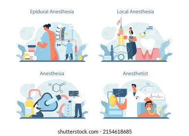Anesthesiologist set. Doctor wearing medical mask and uniform performing local, inhalation and epidural anesthesia. Modern medicine treatment, surgery operation preparation. Flat vector illustration.