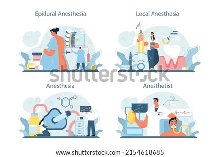 Anesthesiologist set. Doctor wearing medical mask and uniform performing local, inhalation and epidural anesthesia. Modern medicine treatment, surgery operation preparation. Flat vector illustration.