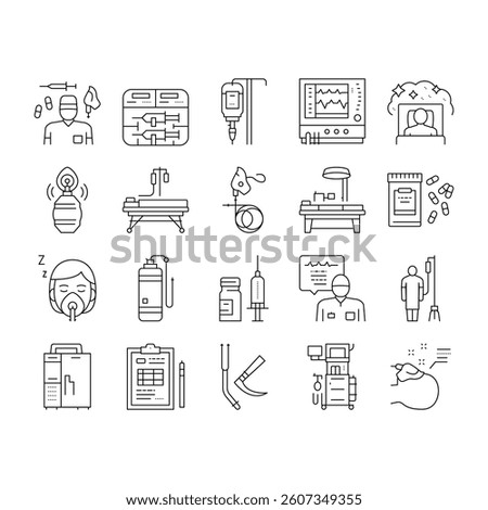 Anesthesiologist Tool Collection Icons Set Vector. Syringe Pump, Anesthesia Machine And Heart Rate Monitor Anesthesiologist Equipment Black Contour Illustrations