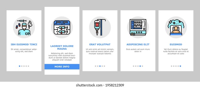 Anesthesiologist Tool Onboarding Mobile App Page Screen Vector. Syringe Pump, Anesthesia Machine And Heart Rate Monitor Anesthesiologist Equipment Illustrations