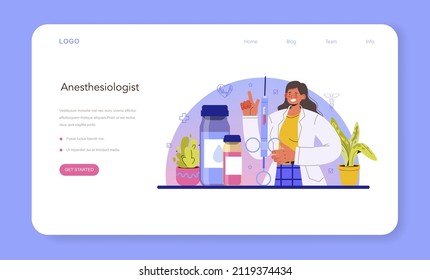 Anesthesiologist web banner or landing page. Doctor performing local, inhalation and epidural anesthesia. Modern medicine treatment, surgery operation preparation. Flat vector illustration.