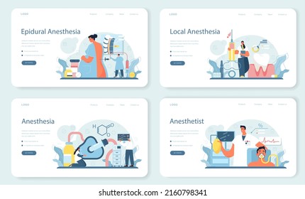 Anesthesiologist web banner or landing page set. Doctor wearing medical mask and uniform performing local, inhalation and epidural anesthesia. Surgery operation preparation. Flat vector illustration.