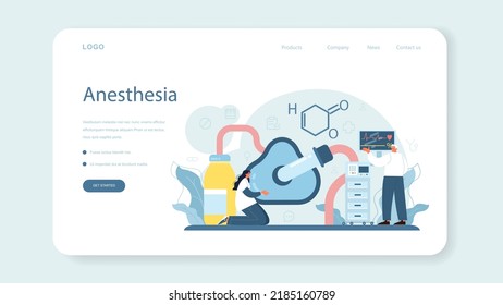Anesthesiologist web banner or landing page. Doctor wearing medical mask and uniform performing local, inhalation and epidural anesthesia. Surgery operation preparation. Flat vector illustration.