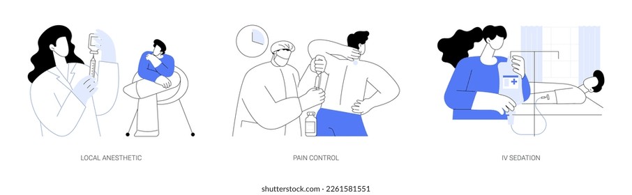 Anesthesiology in emergency room abstract concept vector illustration set. Local anesthetic, chronic pain control, IV sedation, critical care medicine, nurse gives drugs by dropper abstract metaphor.