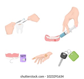 Anesthetic injection, dental instrument, hand manipulation, tooth cleaning and other web icon in cartoon style.bactericidal plaster, medicine icons in set collection.