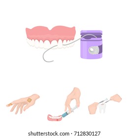 Anesthetic injection, dental instrument, hand manipulation, tooth cleaning and other web icon in cartoon style.bactericidal plaster, medicine icons in set collection.