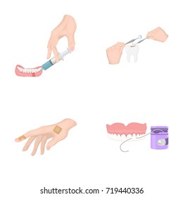 Anesthetic injection, dental instrument, hand manipulation, tooth cleaning and other web icon in cartoon style.bactericidal plaster, medicine icons in set collection.