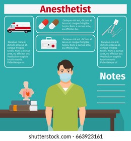 Anesthetist and medical equipment icons with infographics elements for medical and pharmaceutical industry. Vector illustration