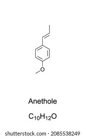Anethole, chemical formula and structure. Trans-anethole, also known as anise camphor. Aromatic compound. Flavoring substance. Occurs naturally in anise, fennel, anis myrtle, liquorice and star anise.