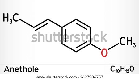 Anethole molecule (E-anethole). Flavor compound from anise and fennel, sweet aroma for flavor and fragrance. Skeletal chemical formula. Vector illustration