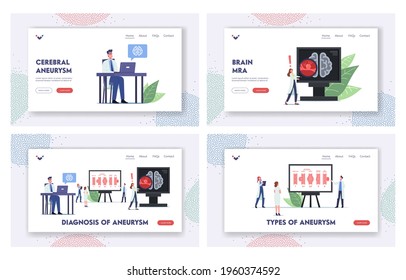 Aneurysm Diagnosis Landing Page Template Set. Tiny Doctor Characters at Huge Infographics Disease of Brain Artery Weakening That Create Bulge, Distention of Artery. Cartoon People Vector Illustration