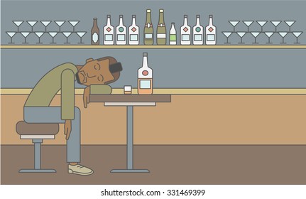 An anfrican-american man sleeping at the table with an empty glass and a bottle on it on a bar background. Vector line design illustration. Horizontal layout with a text space for a social media post.