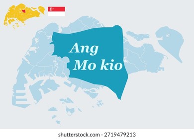 Mapa de Singapura de Ang Mo Kio com Bandeira - Principal Cidade Residencial e Ang Mo Kio Town Garden Vetor Outline. 