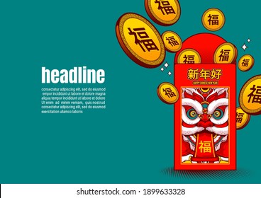 Ang Pao, Happy Chinese new year, lion dance, Translation on picture text "happiness, good fortune, blessings" and "Happy new year" , illustration Comic art.