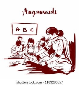 Anganwadi rular indian school. sketch vector drawing