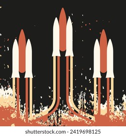 Afiche retro de diseño con fondo negro aislado de Rocket con textura Grunge antigua. Astronomía Diseño estampado de camisetas. La ilustración vectorial puede usar la tarjeta de afiches web y de medios sociales. EPS 10
