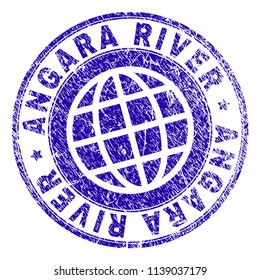 ANGARA RIVER stamp print with grunge texture. Blue vector rubber seal print of ANGARA RIVER caption with dust texture. Seal has words arranged by circle and globe symbol.