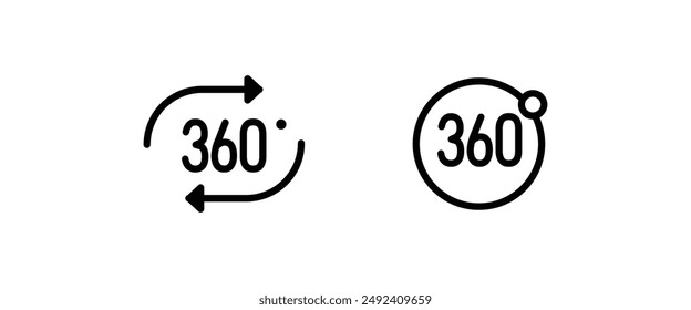 Angel 360 degree icon Geometry math. Full rotatio. arrow to indicate the rotation or panorama to 360 degrees. line and flat icons set, editable stroke isolated on white, linear vector outline