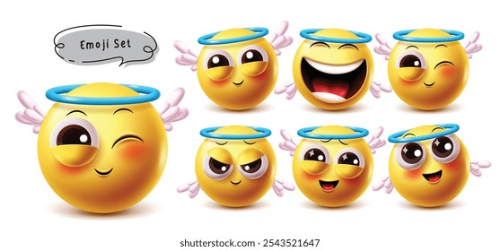 Angel 3d emoji vector characters set. Emojis friendly, kind, good emoticon character with facial expressions like cute, laughing, winking and happy smile. Vector illustration emoji angel collection 