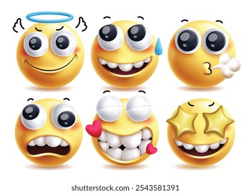 Conjunto de personajes de Vector de emoji de ángel 3d. Emojis en amable, feliz, golpe, consternación, en amor y estrella de la expresión facial de color amarillo Clip personaje de arte en el fondo blanco. Emoji del ángel de la Ilustración vectorial 