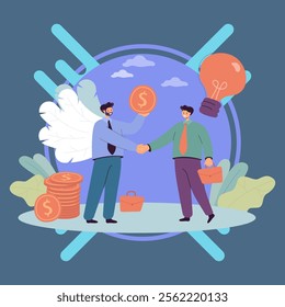 Angel advisor or sponsor funding startup project. Investor giving financial support flat vector illustration. Investment, entrepreneurship, coworking concept for banner, website design, landing page