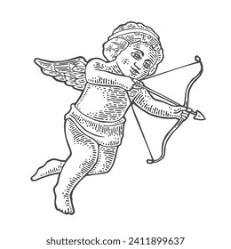 Angel amour with bow and arrow. Vector black vintage engraving illustration isolated