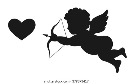 Angel Amur Cupid on Wings with Bow Arrow and Heart White and Black Icon Sign Isolated on White Background