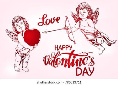 angel, amyr little baby set. Cupid shoots a bow with an arrow at the heart, love, Valentine s day, greeting card hand drawn vector illustration realistic sketch