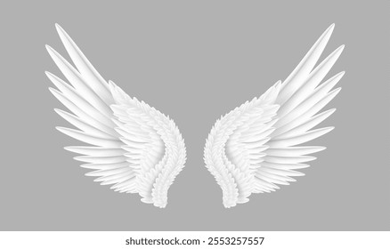 Angel or animal white wings stretching and flying. Vector isolated realistic costume part or game character costume element. Fantastic creature or personage uniform piece with feathers and plumage