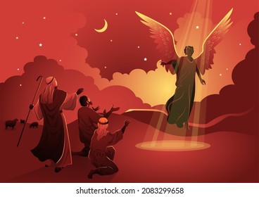 Angel announced the birth of Jesus to the shepherds. Biblical vector illustration series