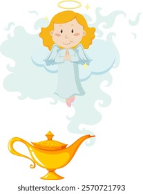 An angel appears above a golden magic lamp