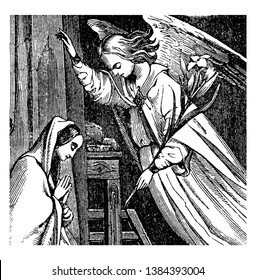 The angel appears and annunciate about the Jesus's birth in Mary's house, vintage line drawing or engraving illustration.