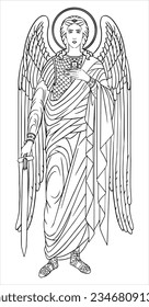 Angel Archangel Michael and sword vector black   white drawing  Vector Line Illustration  Decorative Religion