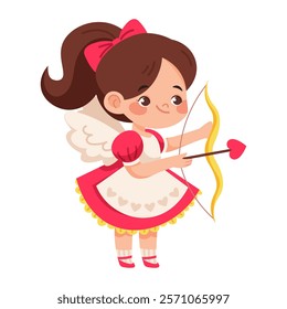 Angel with archery and arrows. Girl with wings and pink dress. Vector image for Valentines Day or Baby Shower