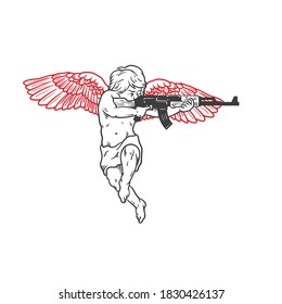 An Angel With Automatic Weapon. Can Be Used As A Sketch Of A Tattoo.