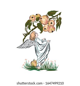Angel baby. Branch with apples. Graphic vintage linear drawing. Concept for religious holidays - Easter, Christmas. Biblical heavenly symbol of man with wings. 