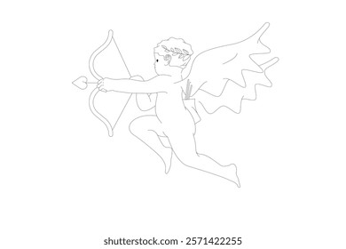 Angel baby cupid illustration. Isolated vintage cute cherub drawing, retro little angel with bow and arrow in doodle line art tattoo style for poster, placard or wedding invitation design.