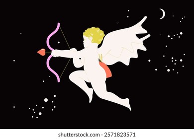 Angel baby cupid illustration. Isolated vintage cute cherub drawing, retro little angel with bow and arrow  for poster, placard or wedding invitation design.