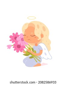 Angel baby girl with flowers vector illustration. Cartoon funny little kid character in cupid costume holding spring flower bouquet, adorable holy guardian with wings sitting isolated on white