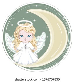 angel baby girl. on moon. in night sky. Picture in hand drawing cartoon style, for t-shirt wear print, fashion design, greeting card, party invitation