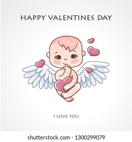 Angel baby with heart in hands on a white background. Greeting card for Valentine's day.