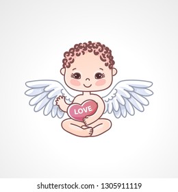 Angel baby with heart in hands on a white background. Greeting card for Valentine's day.