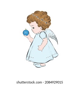 angel baby holding christmas ball. Catholic and Orthodox creed. The God. Christmas decor for cards, stickers, posters, prints. Hand drawn illustration for children book