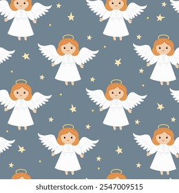 Angel baby little with wings on night sky.Cute vector seamless pattern